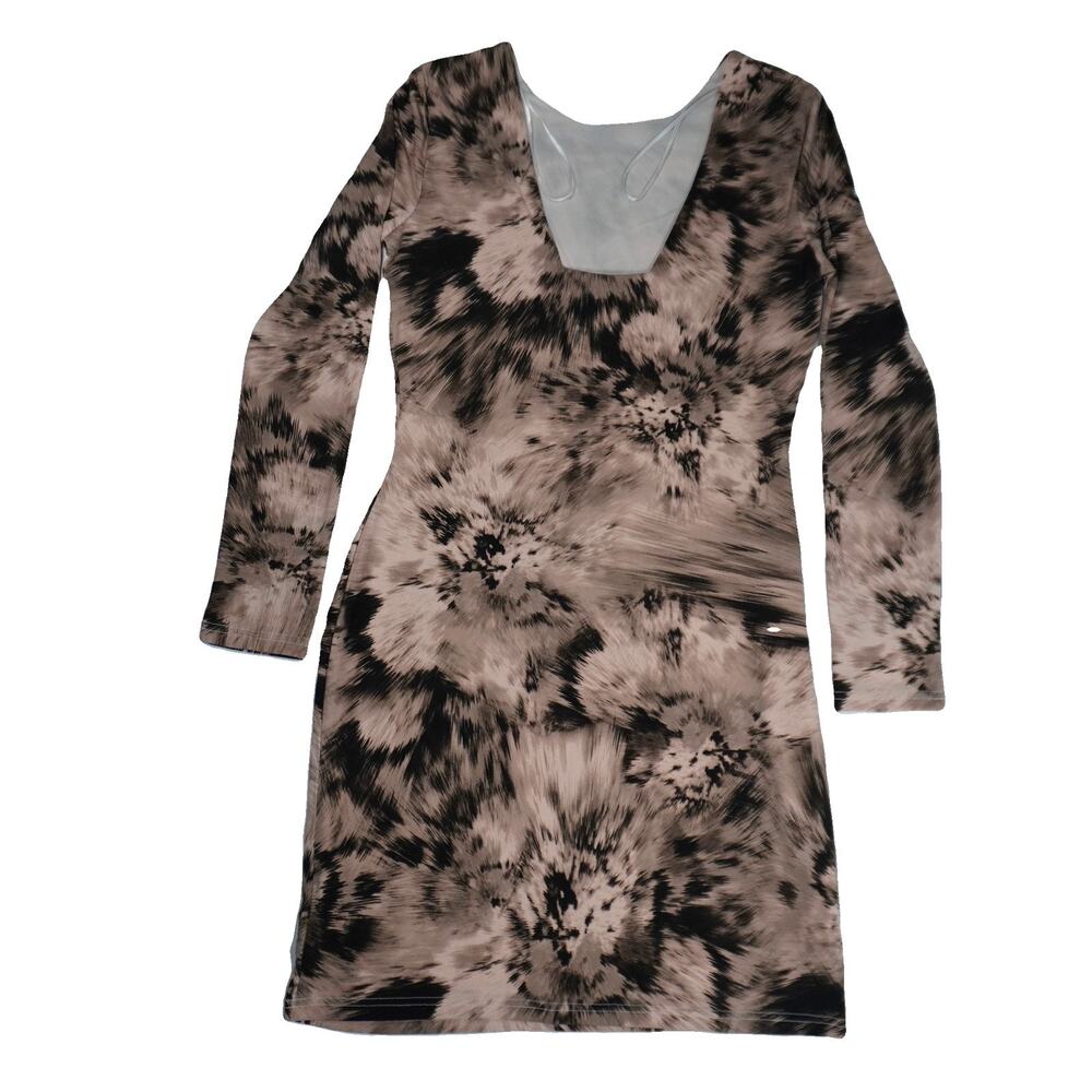 Jennifer Lopez body con abstract midi summer dress stretch long sleeve brown L